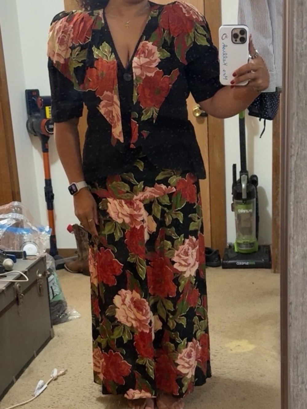 Black Floral Maxi Skirt Set with Red & Pink Blooms